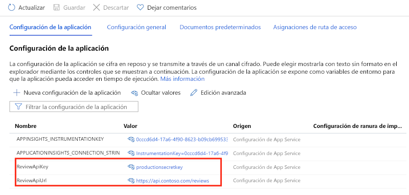 Captura de pantalla de Azure Portal en la que se muestra la configuración de la aplicación App Service y las opciones de configuración.