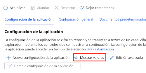 Captura de pantalla de Azure Portal en la que se muestra la configuración de la aplicación App Service y el botón para mostrar valores.