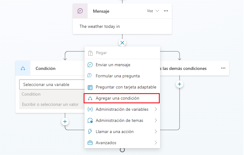 Captura de pantalla de la opción Agregar una condición expandida para mostrar Rama basada en una condición y Rama para todas las demás opciones de condiciones