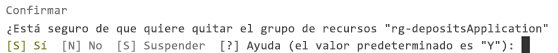 Captura de pantalla que muestra una confirmación de la línea de comandos para eliminar el grupo de recursos mediante Azure PowerShell.