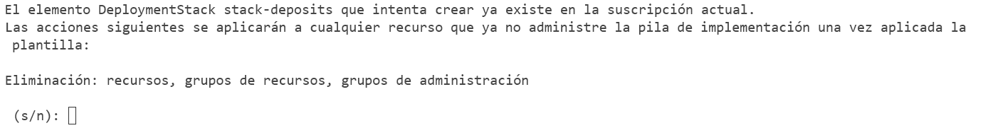 Captura de pantalla que muestra la línea de comandos de la CLI de Azure que indica que la pila de implementación ya existe.