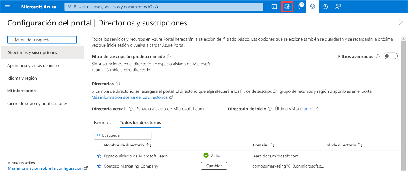 Captura de pantalla que muestra el cuadro de diálogo Selección de directorio en Azure Portal.