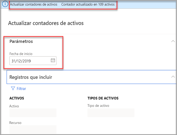 Captura de pantalla de la página Actualizar contadores de activos con los parámetros resaltados