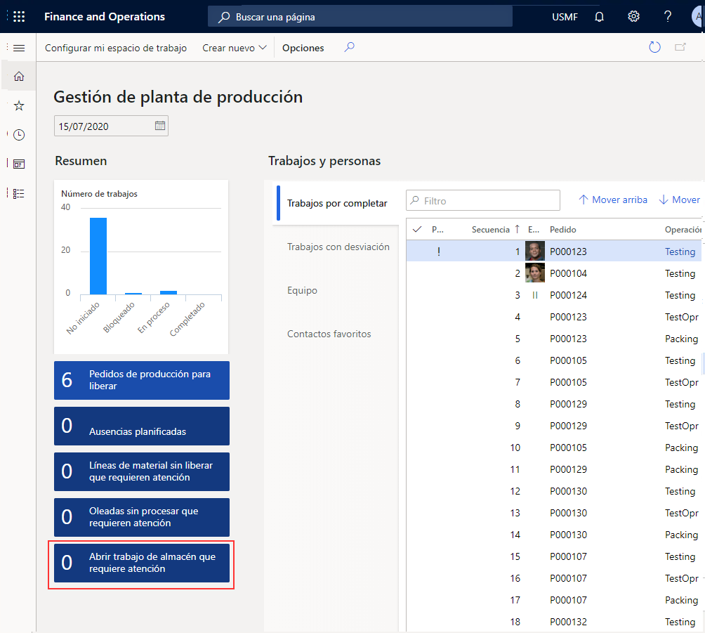 Captura de pantalla del espacio de trabajo Gestión de planta de producción con elementos abiertos resaltados