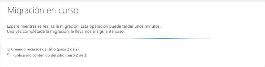 Captura de la pantalla que muestra el progreso de la migración.