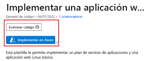 Screenshot that shows an Azure Quickstart Template that deploys a basic Linux web app.