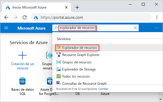 Screenshot of the Azure portal that shows the search box with resource explorer entered.