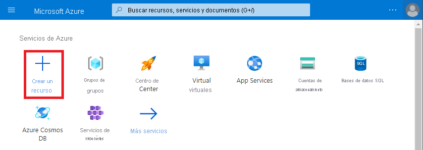 Captura de pantalla en la que se muestra Azure Portal. La opción Crear un recurso está resaltada.