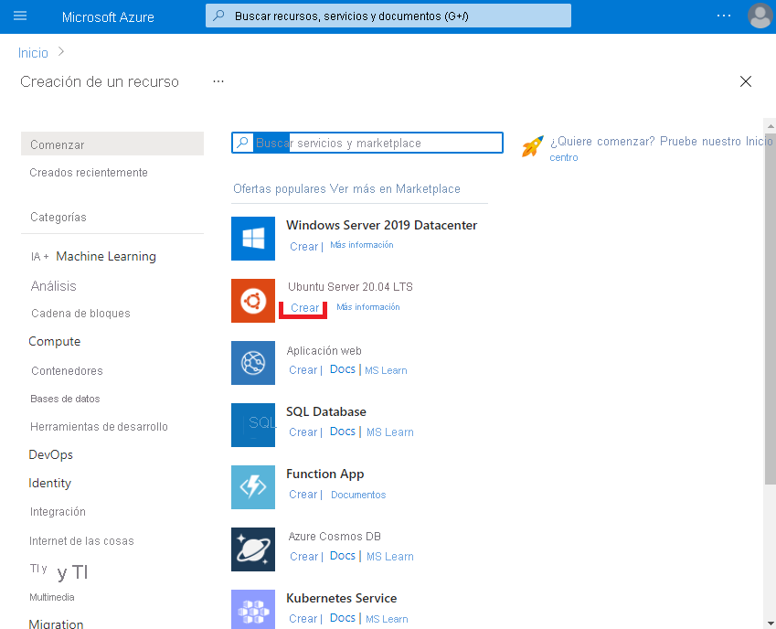 Captura de pantalla en la que se muestra Azure Marketplace. El vínculo Crear en Ubuntu Server 20.04 LTS está resaltado.