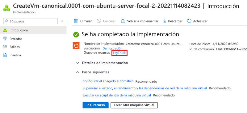 Captura de pantalla de Azure Portal que muestra la implementación. El nombre del grupo de recursos está resaltado.