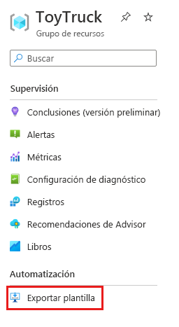 Captura de pantalla de Azure Portal en la que se muestra el elemento del menú Exportar plantilla en el panel del grupo de recursos.