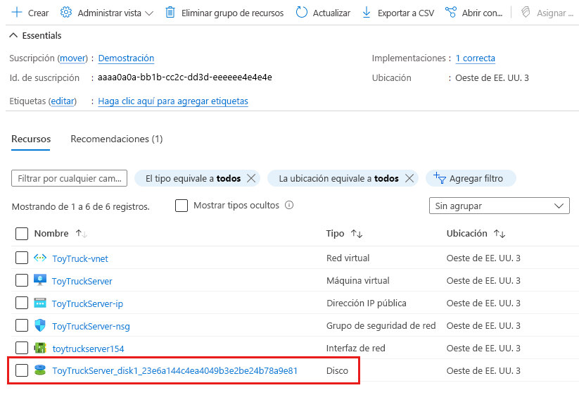 Captura de pantalla de Azure Portal en la que se muestra el grupo de recursos, con el recurso de disco resaltado.