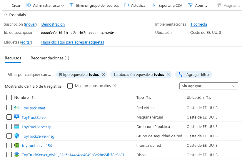 Captura de pantalla de Azure Portal en la que se muestra el grupo de recursos.