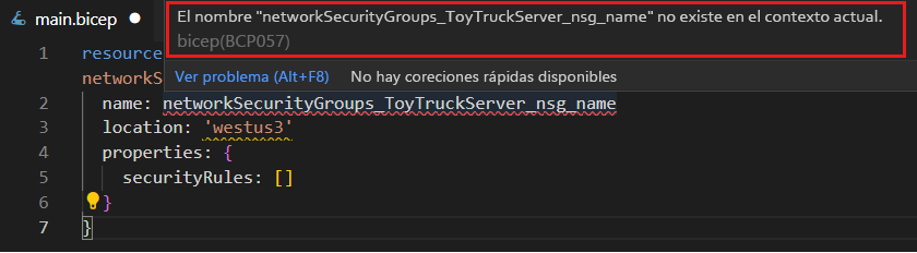 Captura de pantalla del editor de Visual Studio Code en la que se muestra el recurso migrado, con una información sobre herramientas que indica un error causado por la falta del parámetro.