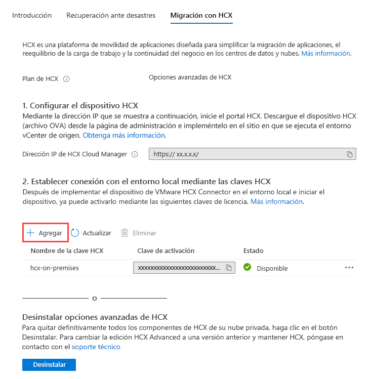 Screenshot that shows where to add the VMware HCX key in the Azure portal for use on-premises.