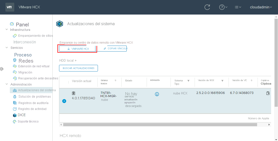 Screenshot of selecting VMware HCX, which downloads the OVA file for deployment on-premises.