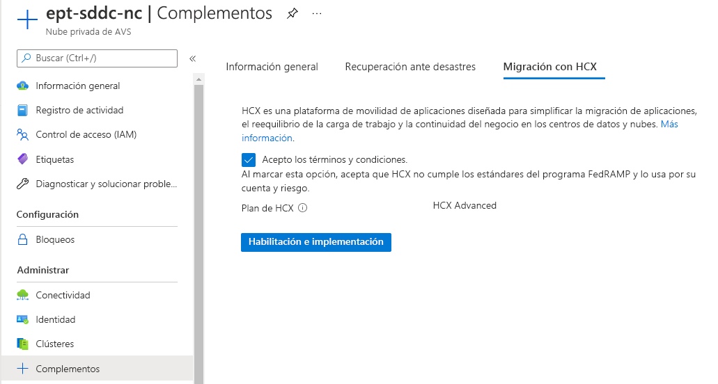 Screenshot displaying how to enable the VMware HCX add-on within the Azure portal.