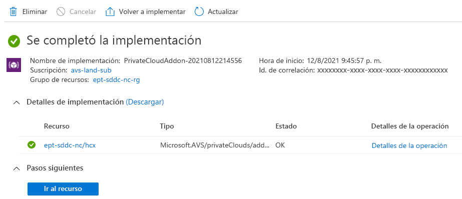 Screenshot displaying that the VMware HCX add-on installed after enabling the service within the Azure VMware Solution private cloud.