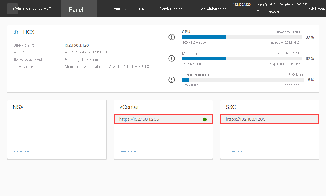 Screenshot of vCenter and Platform Services Controller SSO configured correctly in the on-premises VMware HCX Connector appliance.