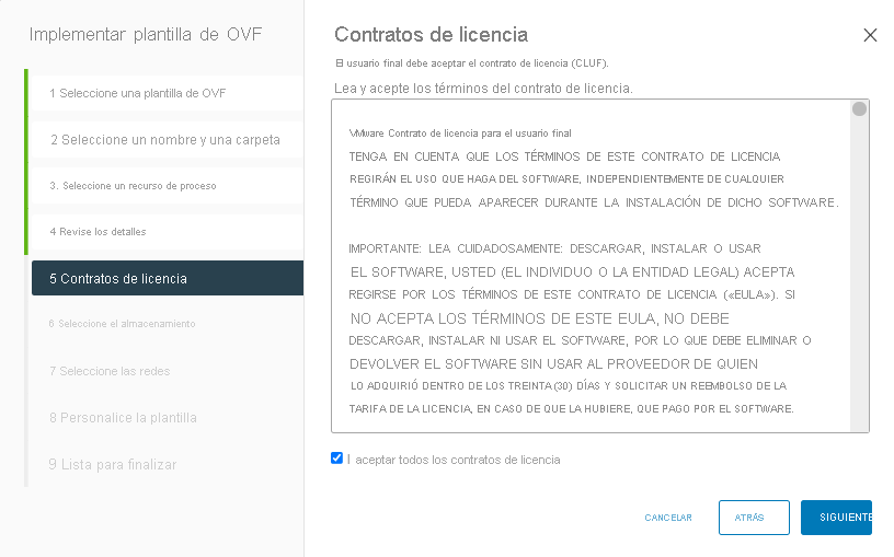 Screenshot of accepting all license agreements during VMware HCX Connector deployment on-premises.