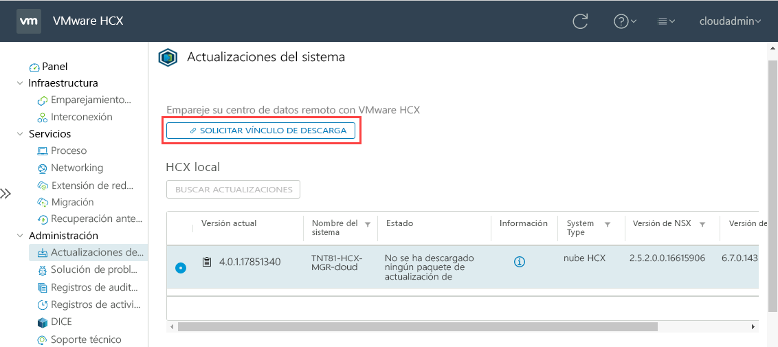 Screenshot of where to request a download link to the VMware HCX Connector OVA file for the on-premises VMware environment.