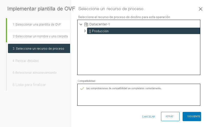 Screenshot that selects the vSphere cluster to deploy the VMware HCX Connector appliance to during deployment on-premises.