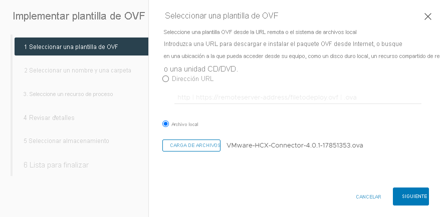 Screenshot that shows how to select a local file when prompted, during the VMware HCX Connector deployment within vCenter on-premises.