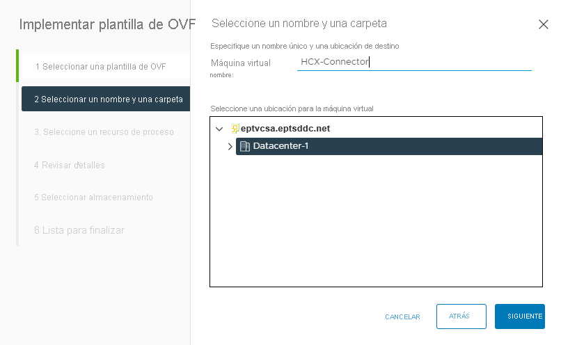 Screenshot of where to name the VMware HCX Connector appliance and where to select the datacenter within vCenter on-premises.