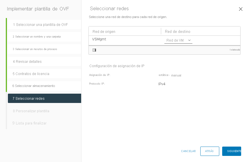 Screenshot of selecting the right management network on-premises.