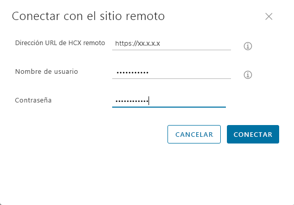 Screenshot of how to connect to the remote HCX URL from the on-premises HCX Connector.