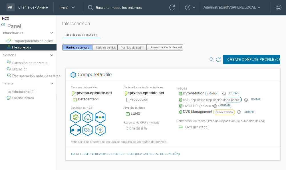 Screenshot showing the compute profile completely configured in the on-premises HCX Connector.