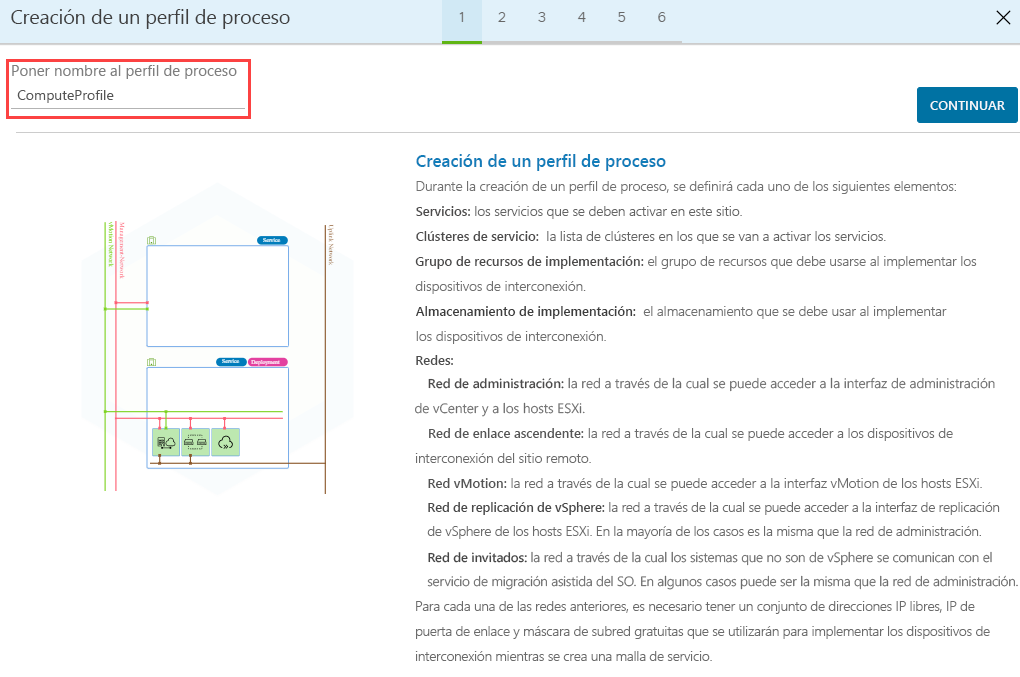 Screenshot that shows the entry of a compute profile name and the Continue button in HCX Connector on-premises.