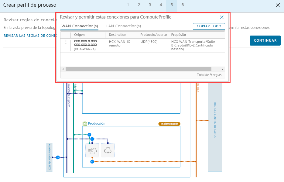 Screenshot that shows the connection rules and the Continue button in the on-premises HCX Connector.