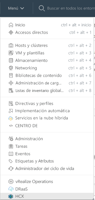 Screenshot of where to find HCX in the menu within vCenter on-premises.