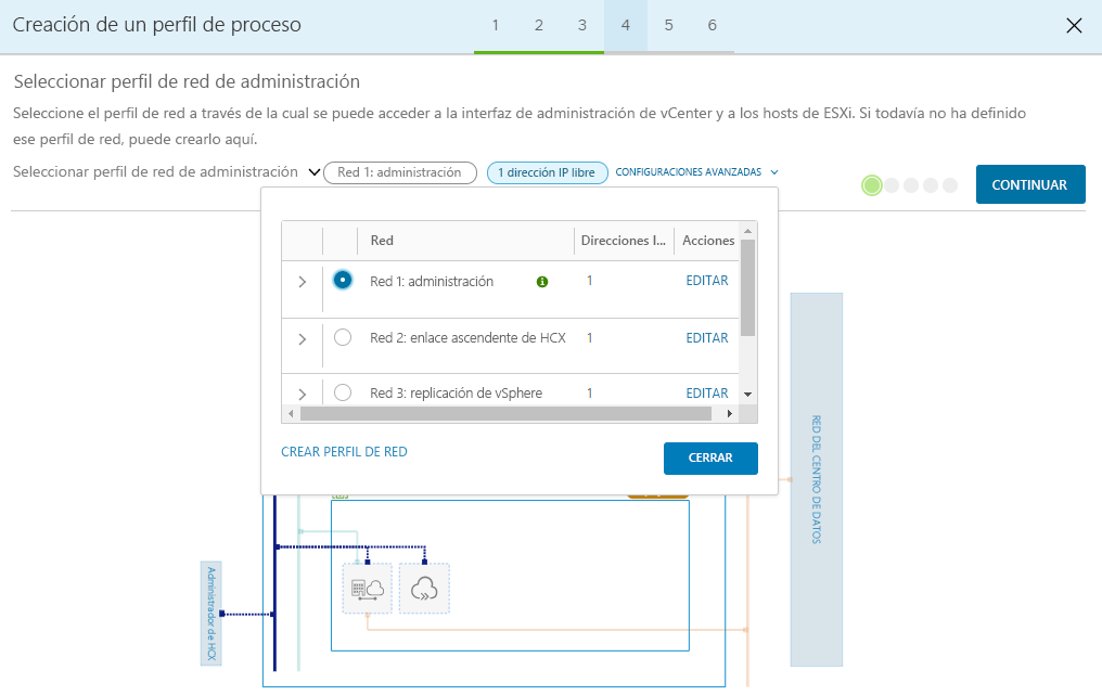 Screenshot that shows the selection of a management network profile and the Continue button in the on-premises HCX Connector.