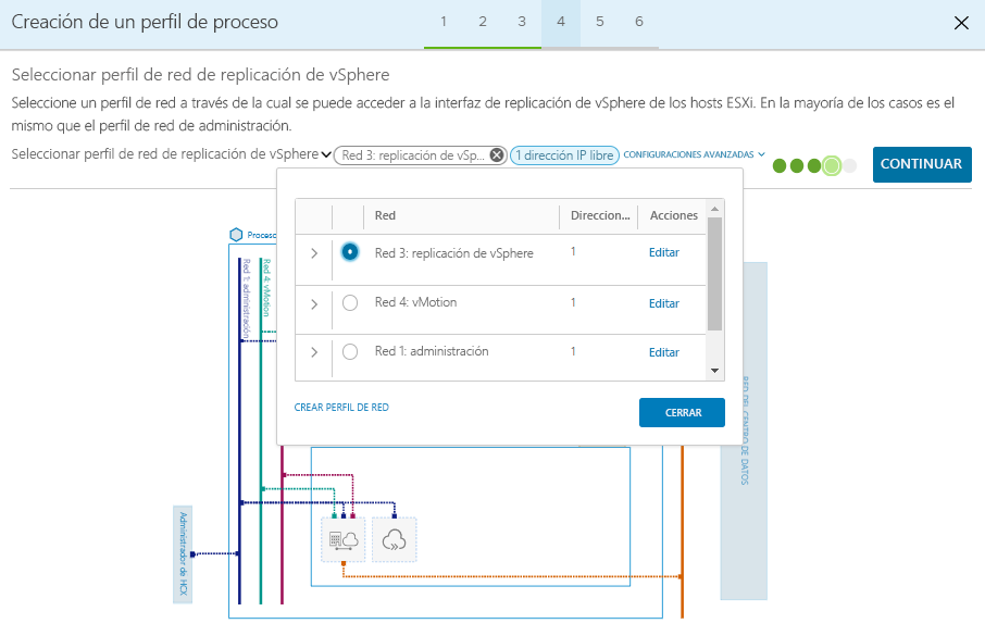 Screenshot that shows the selection of a replication network profile and the Continue button in the on-premises HCX Connector.