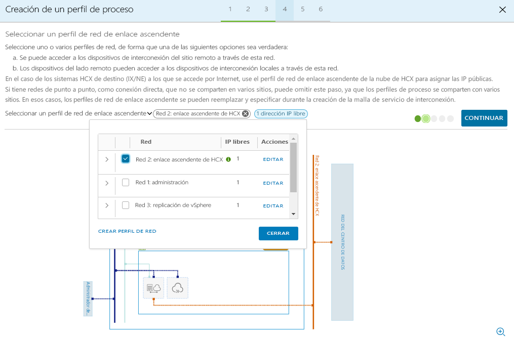 Screenshot that shows the selection of an uplink network profile and the Continue button in the on-premises HCX Connector.