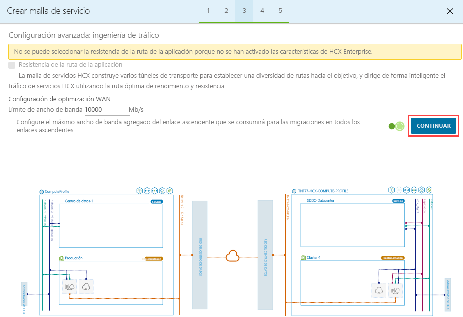 Screenshot displaying that application resiliency can't be selected because there isn't an HCX Enterprise license key.