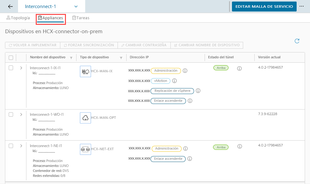 Screenshot of checking the health status of the on-premises HCX appliances.