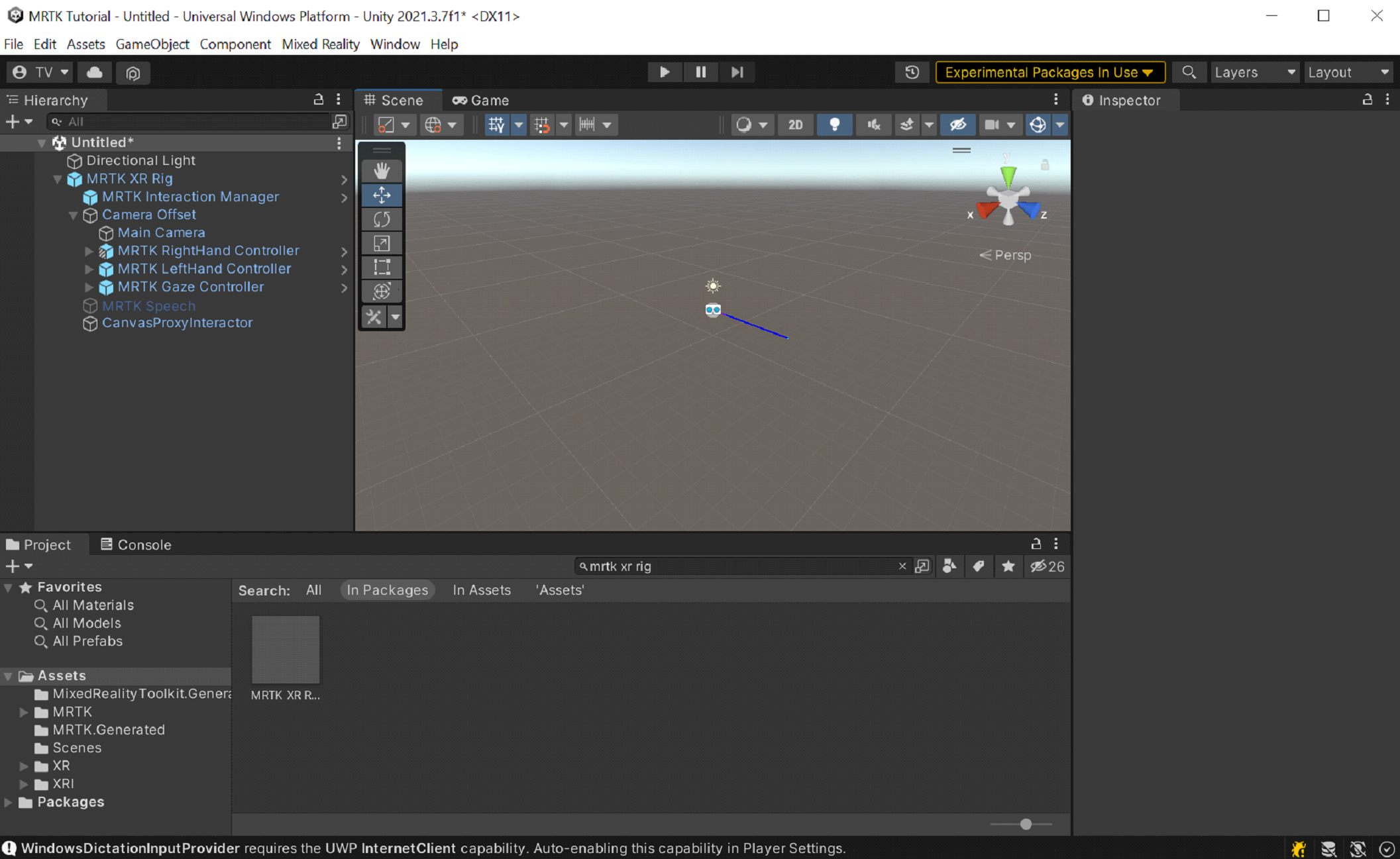 Screenshot of the Mixed Reality Toolkit in the Inspector.