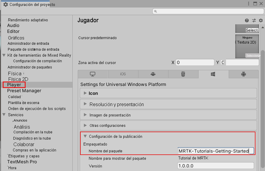 Screenshot of Unity Publishing Settings with the package name box filled in.