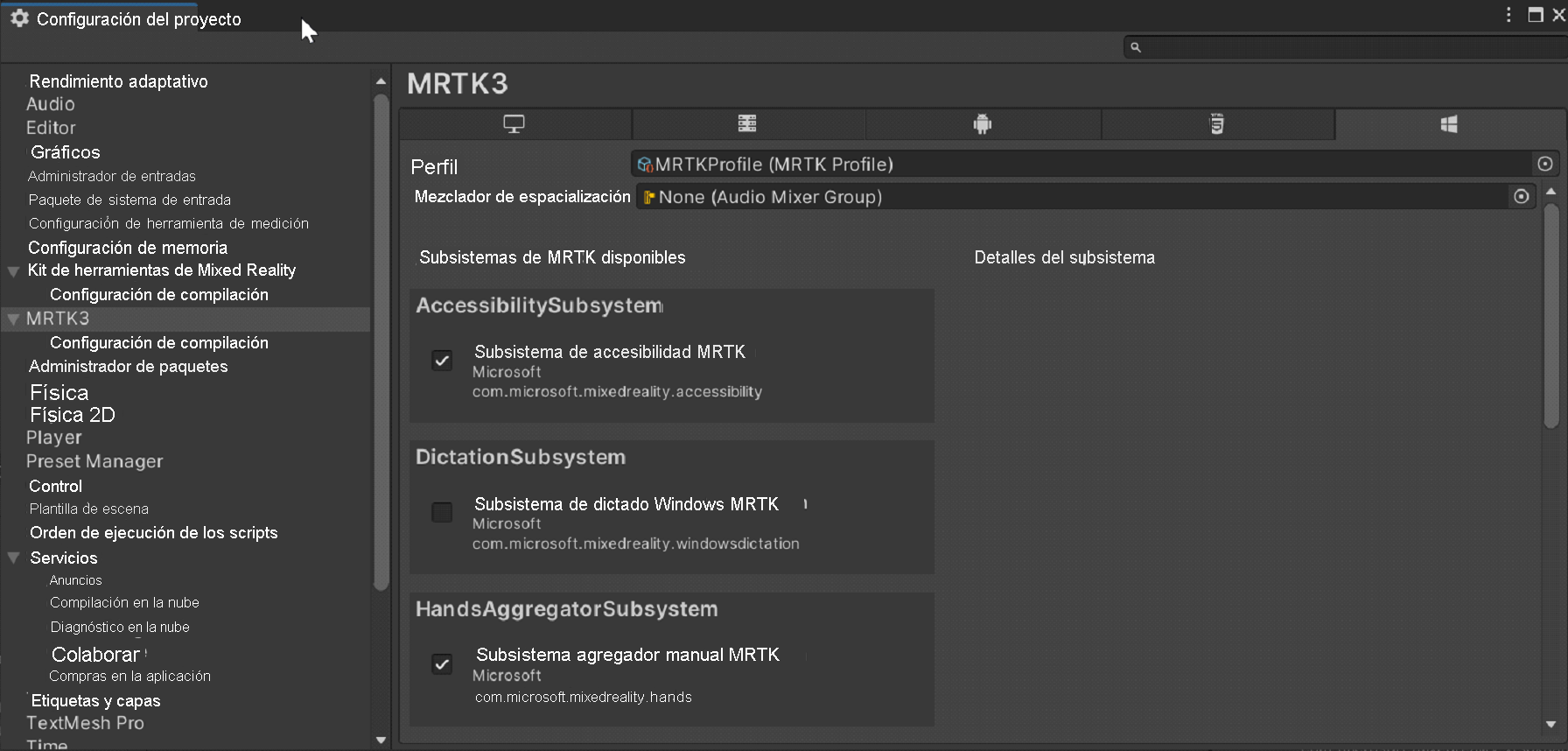 Screenshot of MRTK profile.