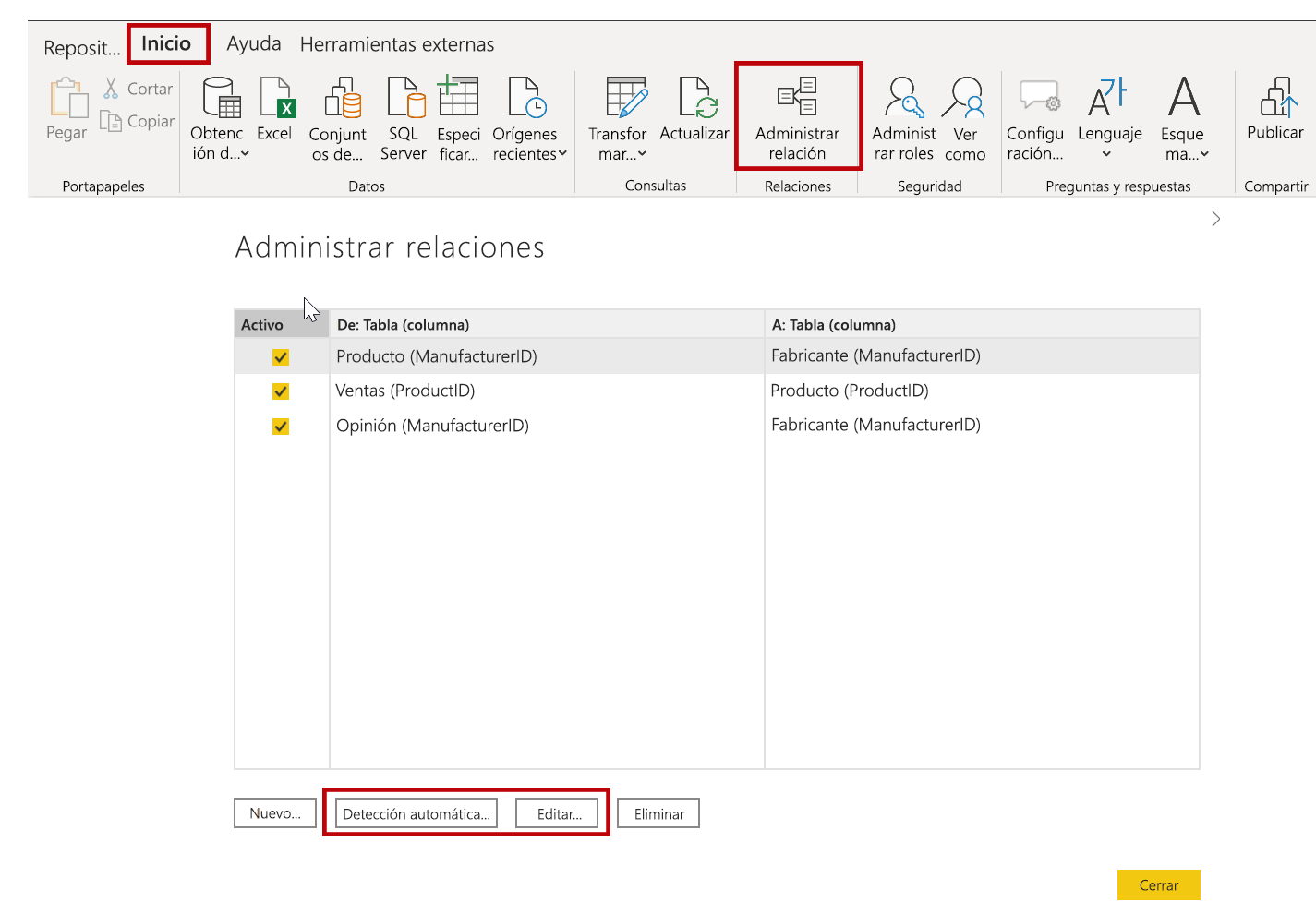 Captura de pantalla del botón y el cuadro de diálogo Administrar relaciones