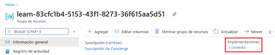 Captura de pantalla de Azure Portal en la que se muestra la información general del grupo de recursos. En la sección Implementaciones se muestra que una implementación se ha realizado correctamente.