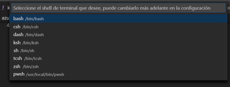 Captura de pantalla en la que se muestra la lista de selección de shell en la ventana de terminal de Visual Studio Code.