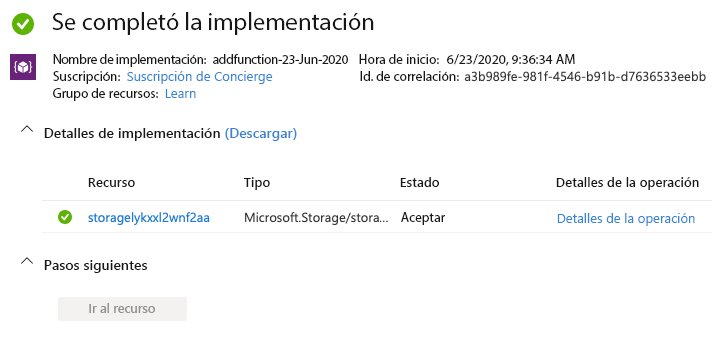 Captura de pantalla de Azure Portal en la que se muestra que la cuenta de almacenamiento se ha implementado.