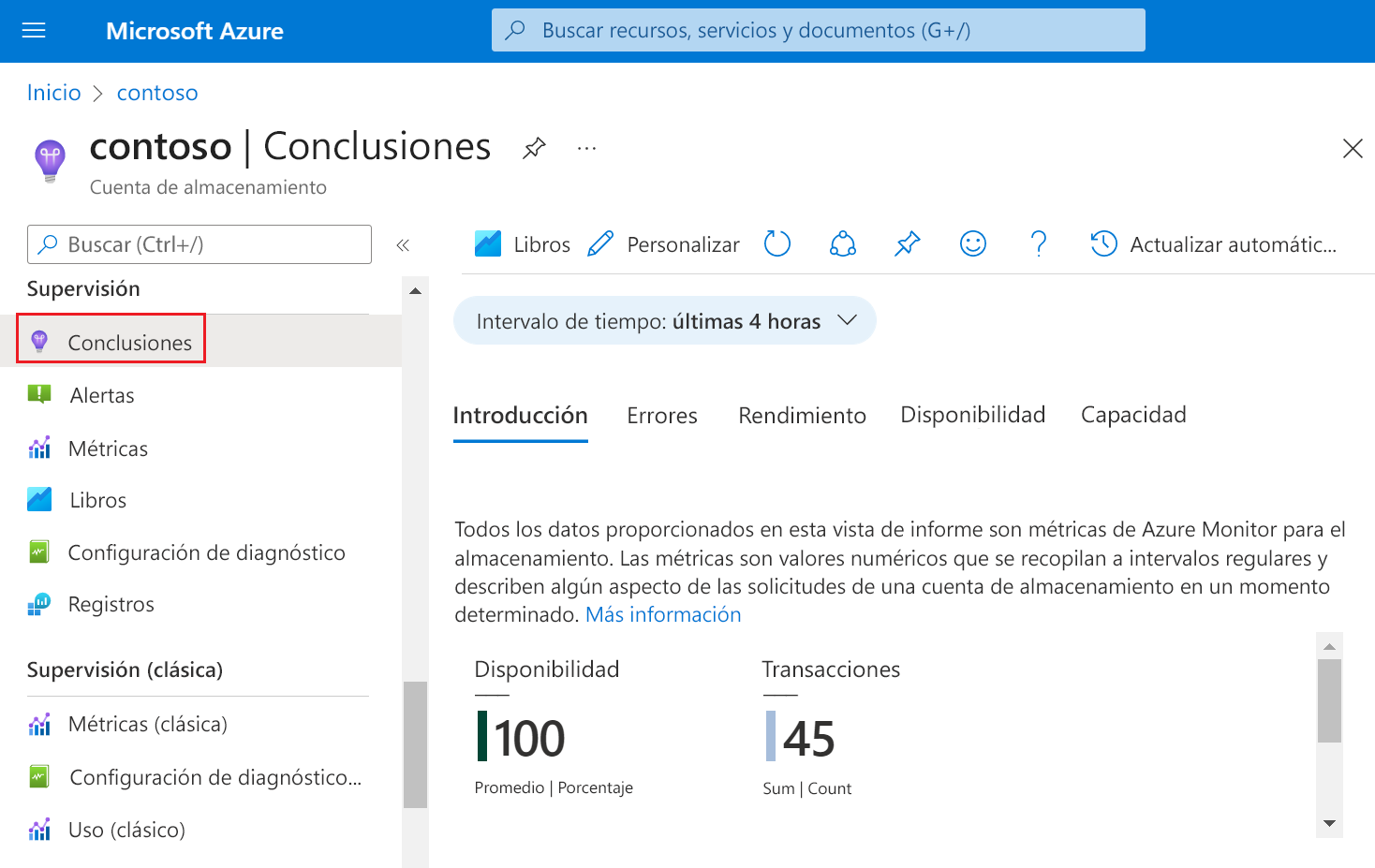 Screenshot of storage Insights in the Azure portal.