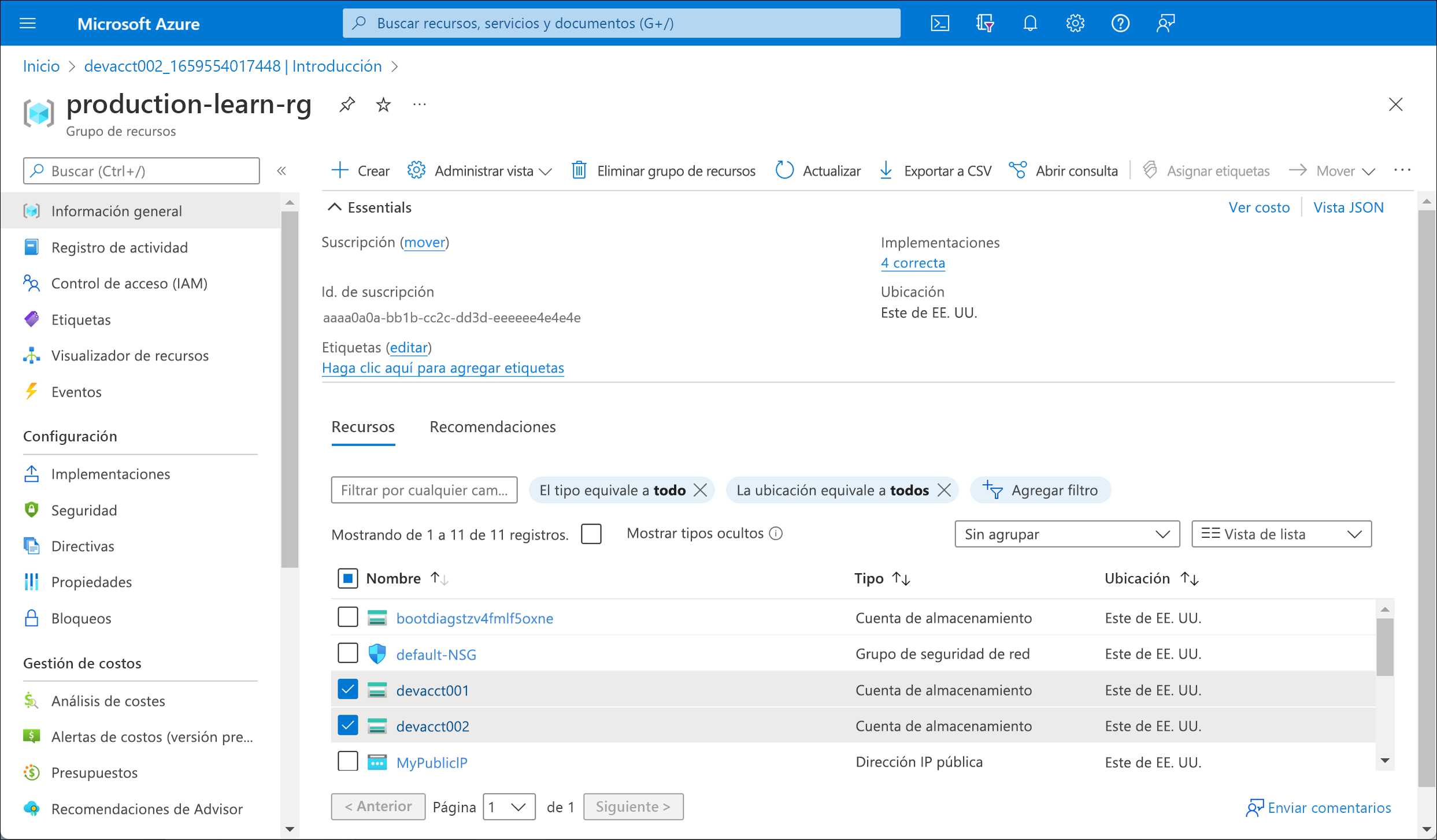 Captura de pantalla que muestra los recursos de desarrollo seleccionados