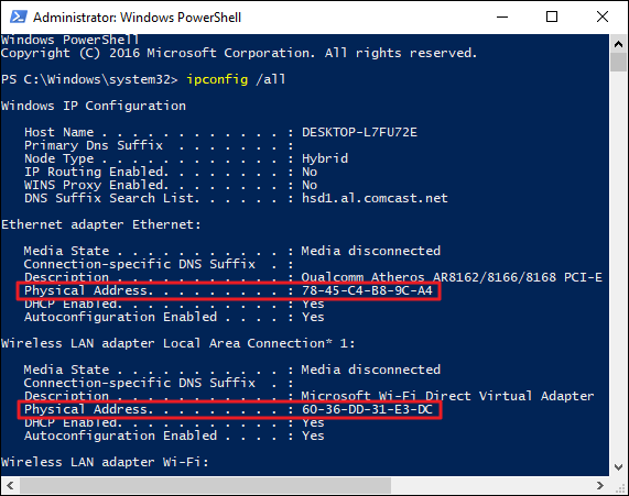 Captura de pantalla que muestra información de dirección de un dispositivo de red tal y como se devuelve al ejecutar el comando ipconfig/all.