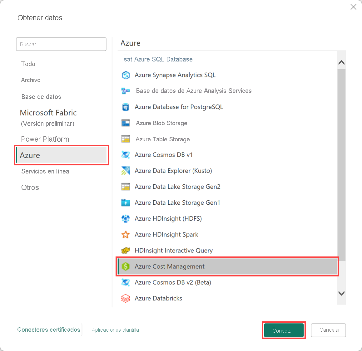 Captura de pantalla en la que se muestra la conexión a Microsoft Cost Management en Power BI Desktop.